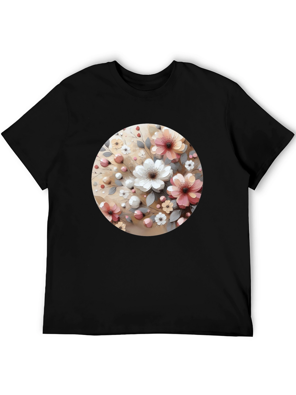 Floral Circle Print Black Casual Tee