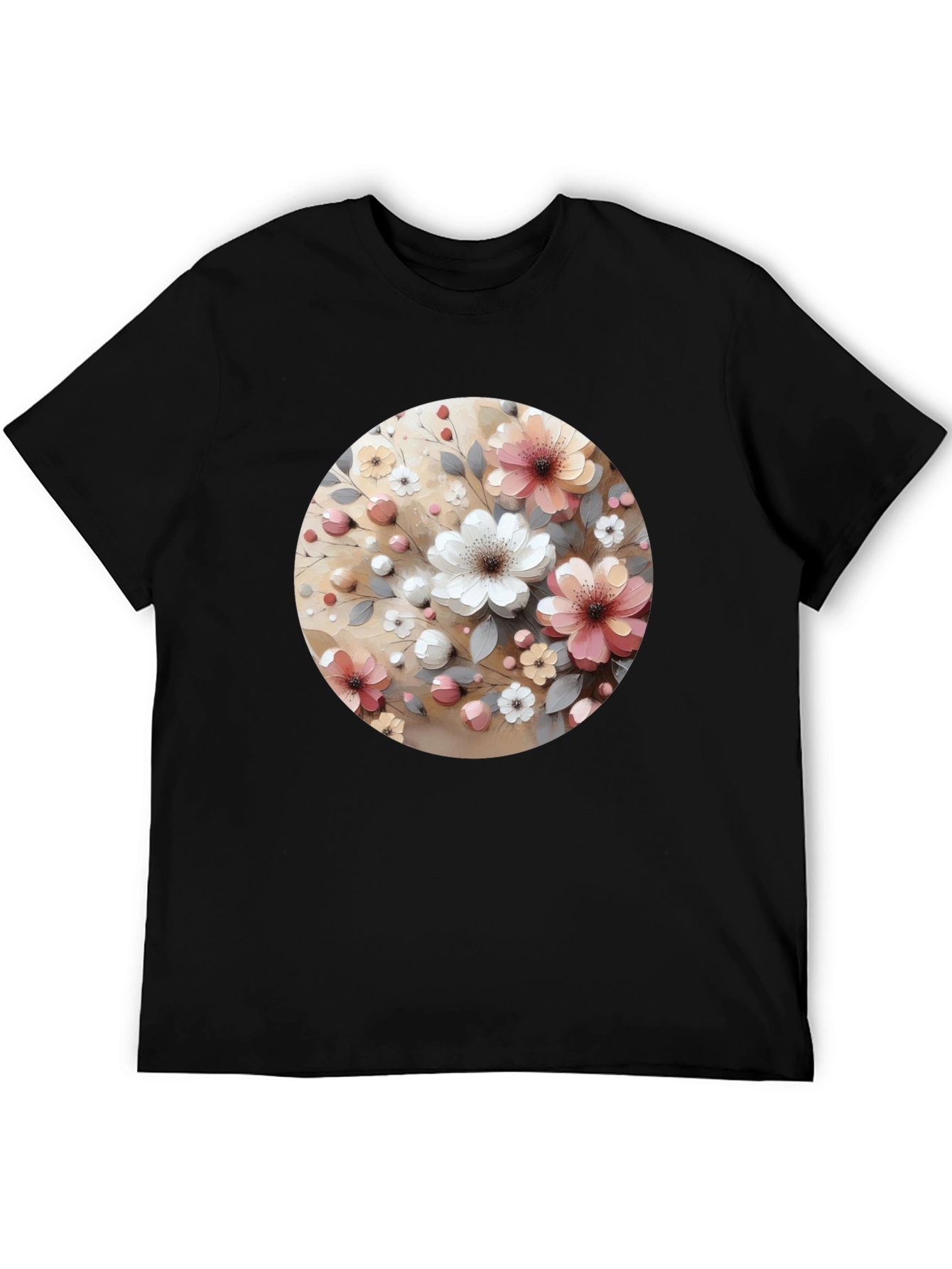 Floral Circle Print Black Casual Tee