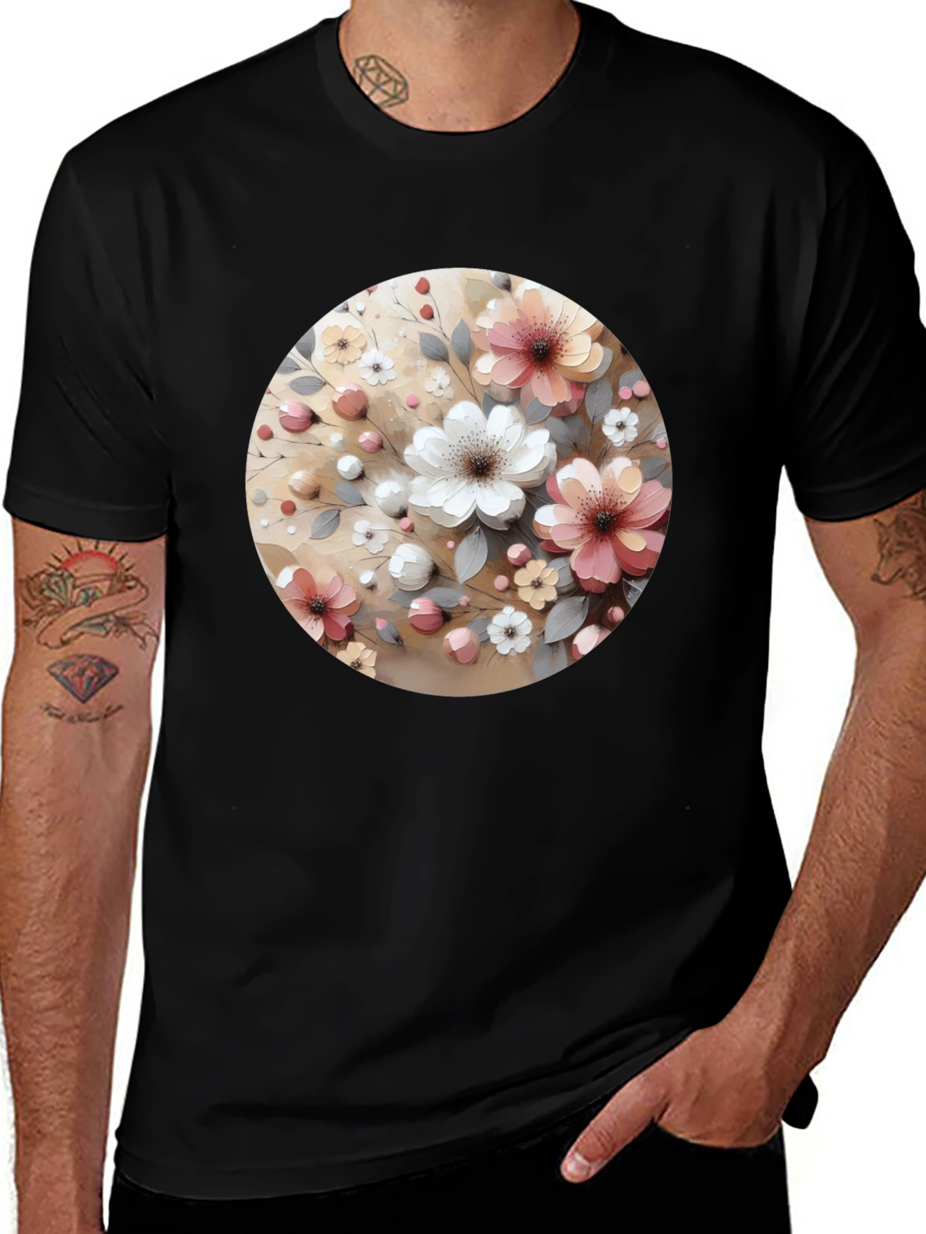 Floral Circle Print Black Casual Tee