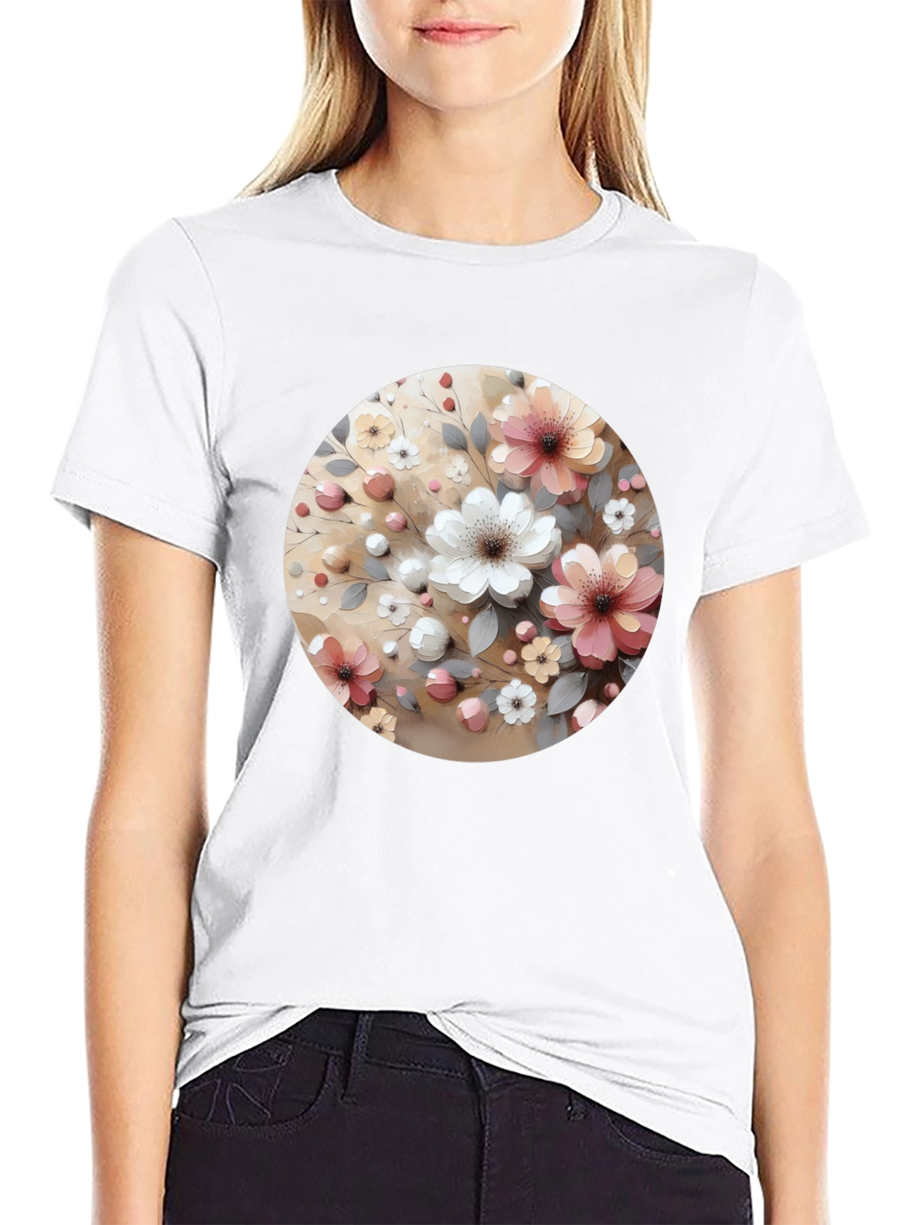 Floral Circle Print Black Casual Tee