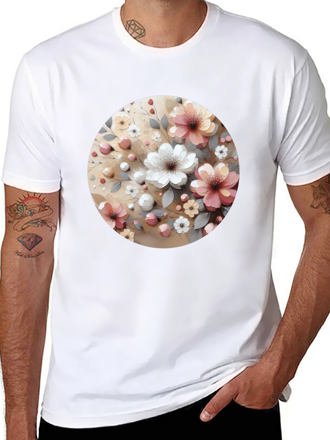 Floral Circle Print Black Casual Tee