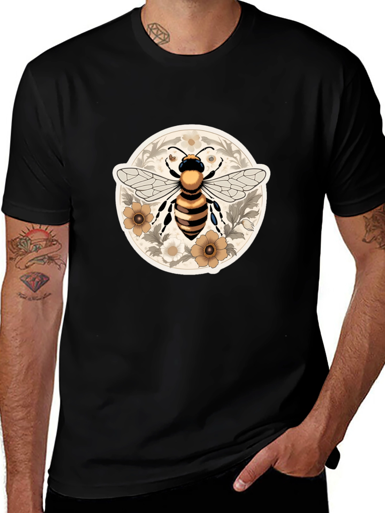 Bee & Floral Graphic Tee - Black
