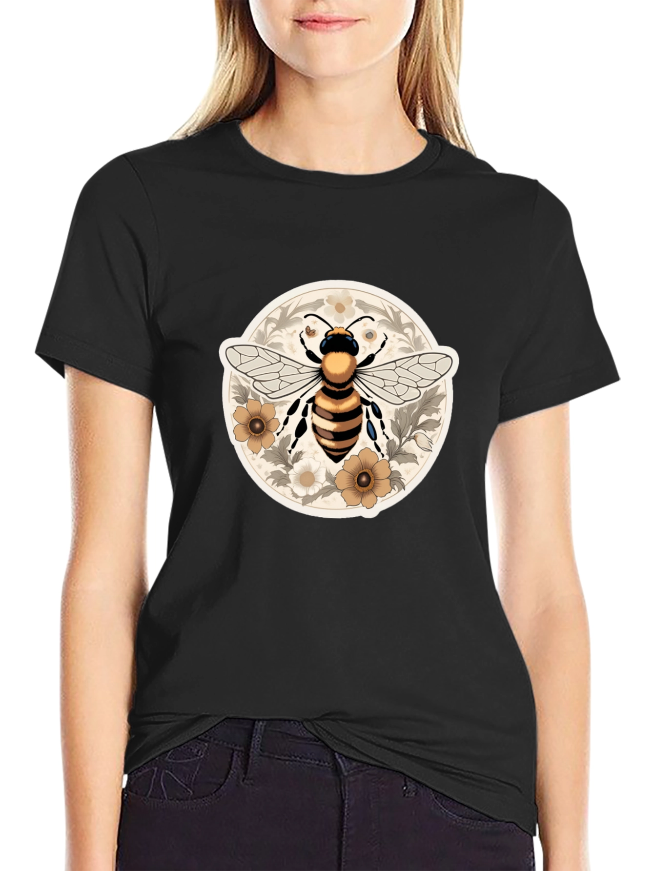Bee & Floral Graphic Tee - Black