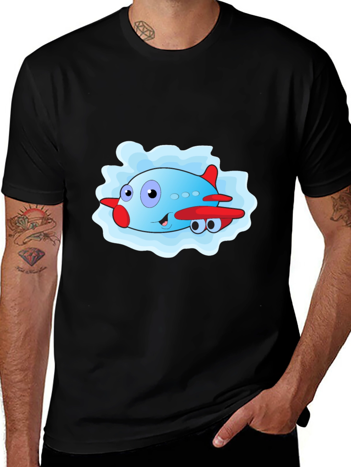 Cartoon Airplane Graphic Black T-Shirt