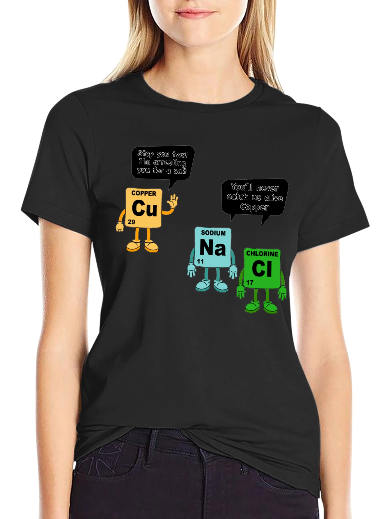 Chemistry Pun T-Shirt: Copper Arresting Sodium Chloride