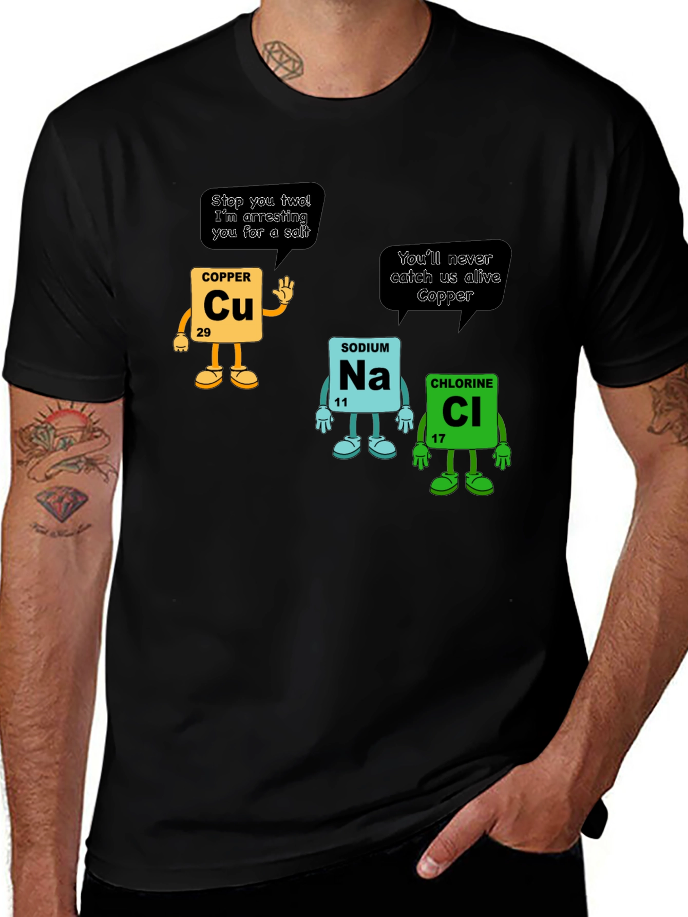 Chemistry Pun T-Shirt: Copper Arresting Sodium Chloride