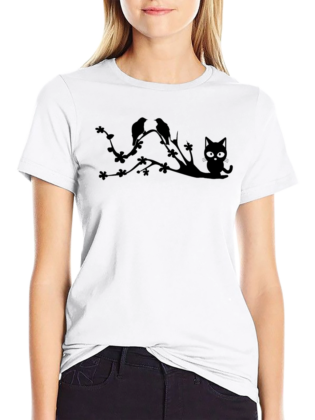 Black Cat & Birds Tree Graphic Tee