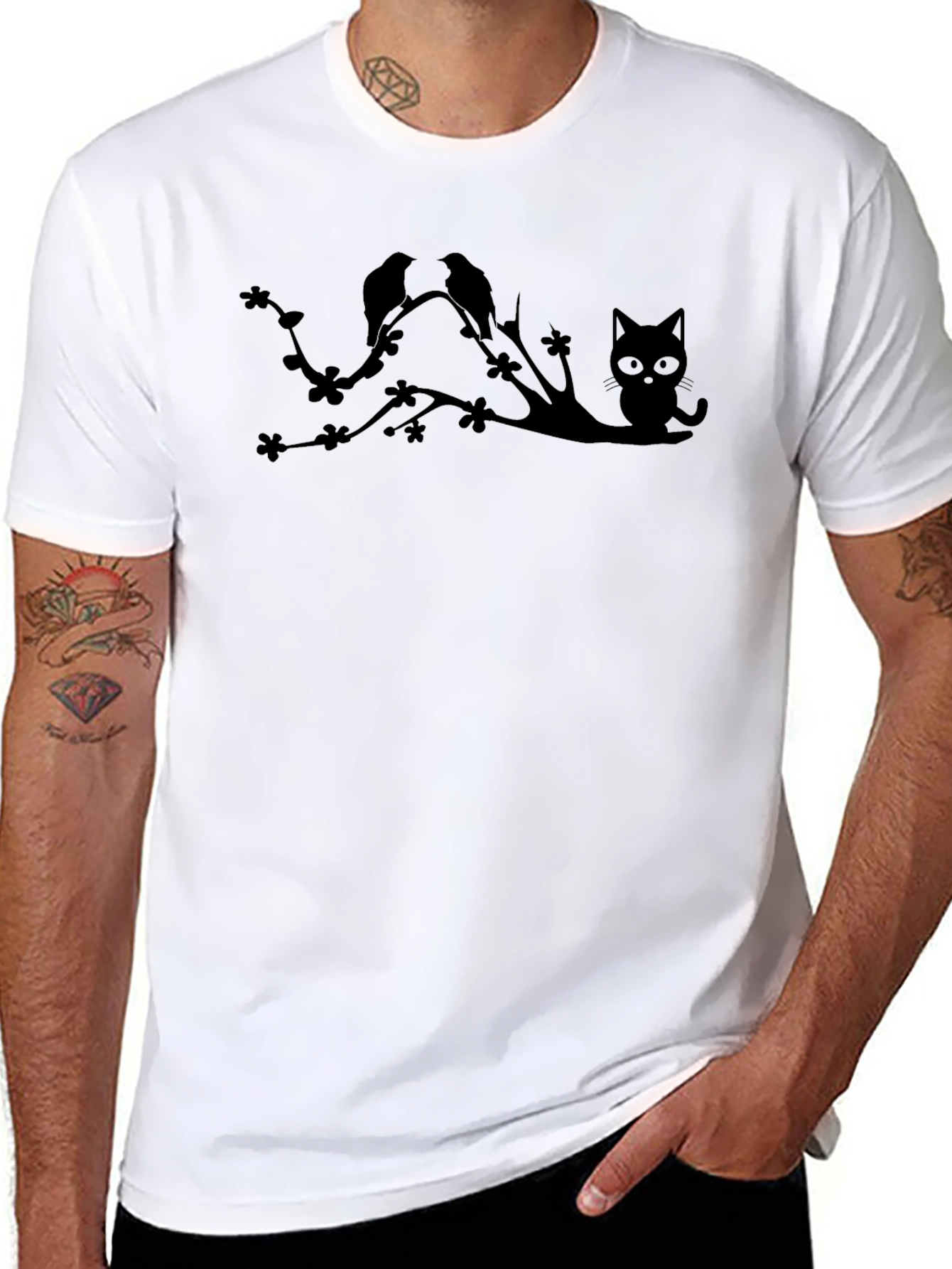 Black Cat & Birds Tree Graphic Tee