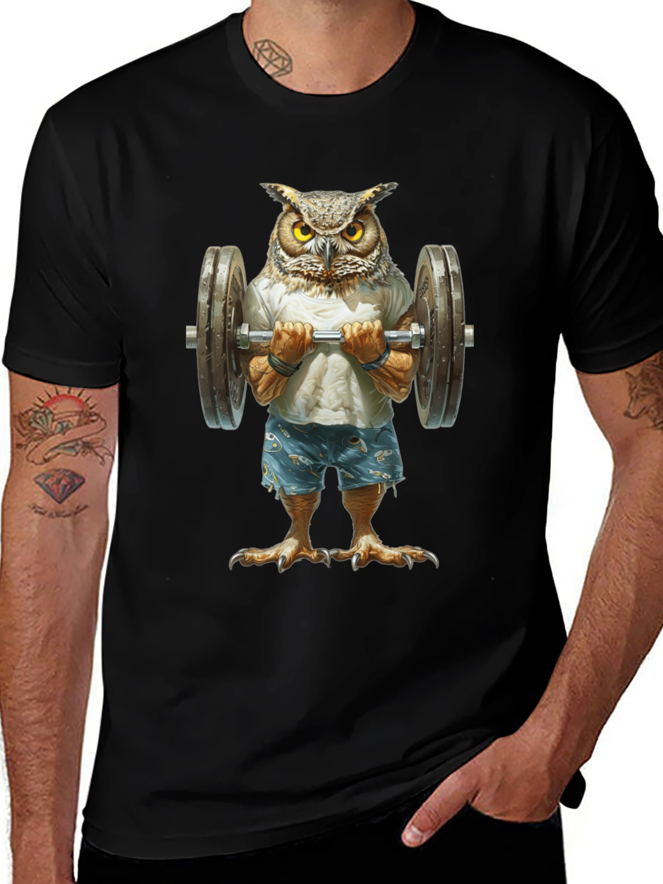 Owl Lifting Weights Graphic T-Shirt