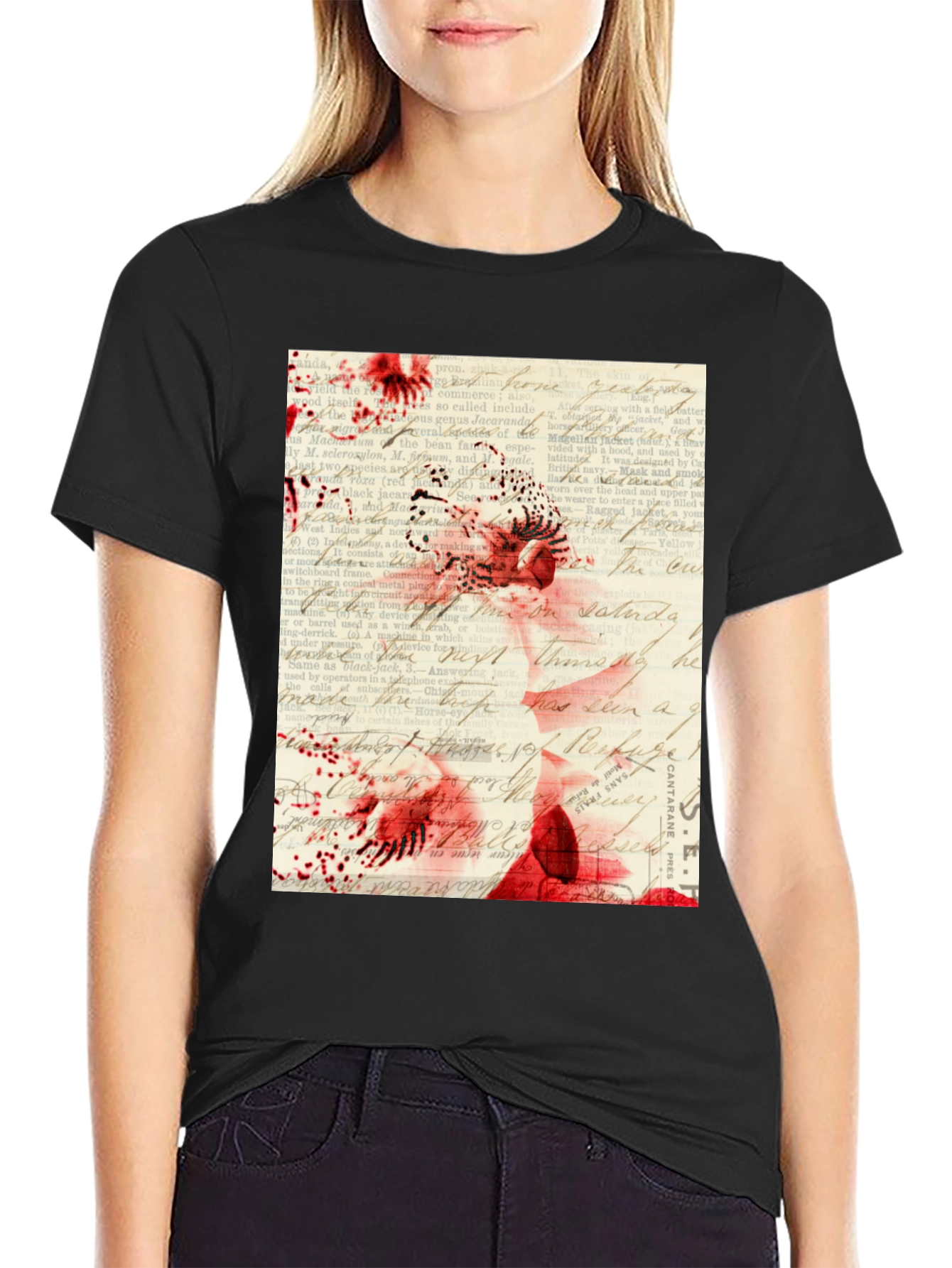 Abstract Floral & Text Graphic Print Black T-Shirt