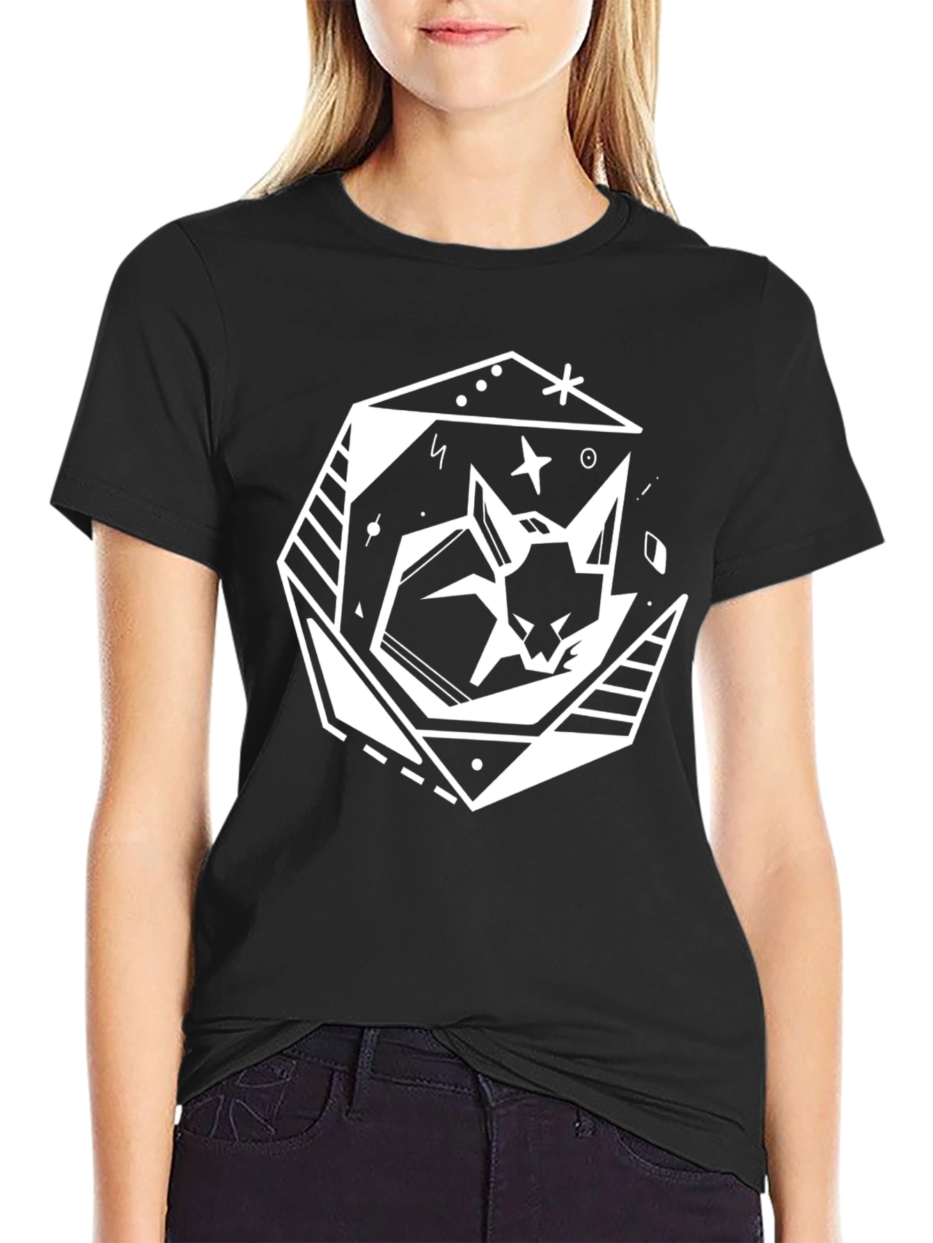 Geometric Cat Graphic Tee - Modern Black T-Shirt