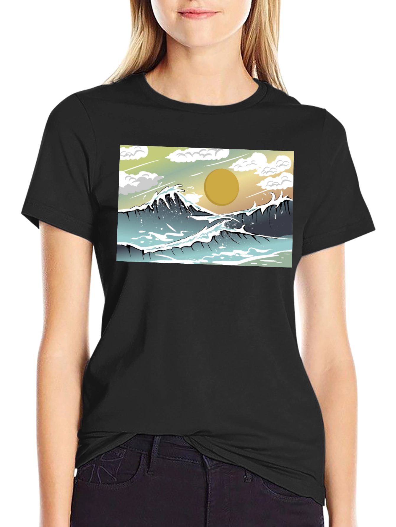 Ocean Wave Graphic Tee - Black Cotton Comfort