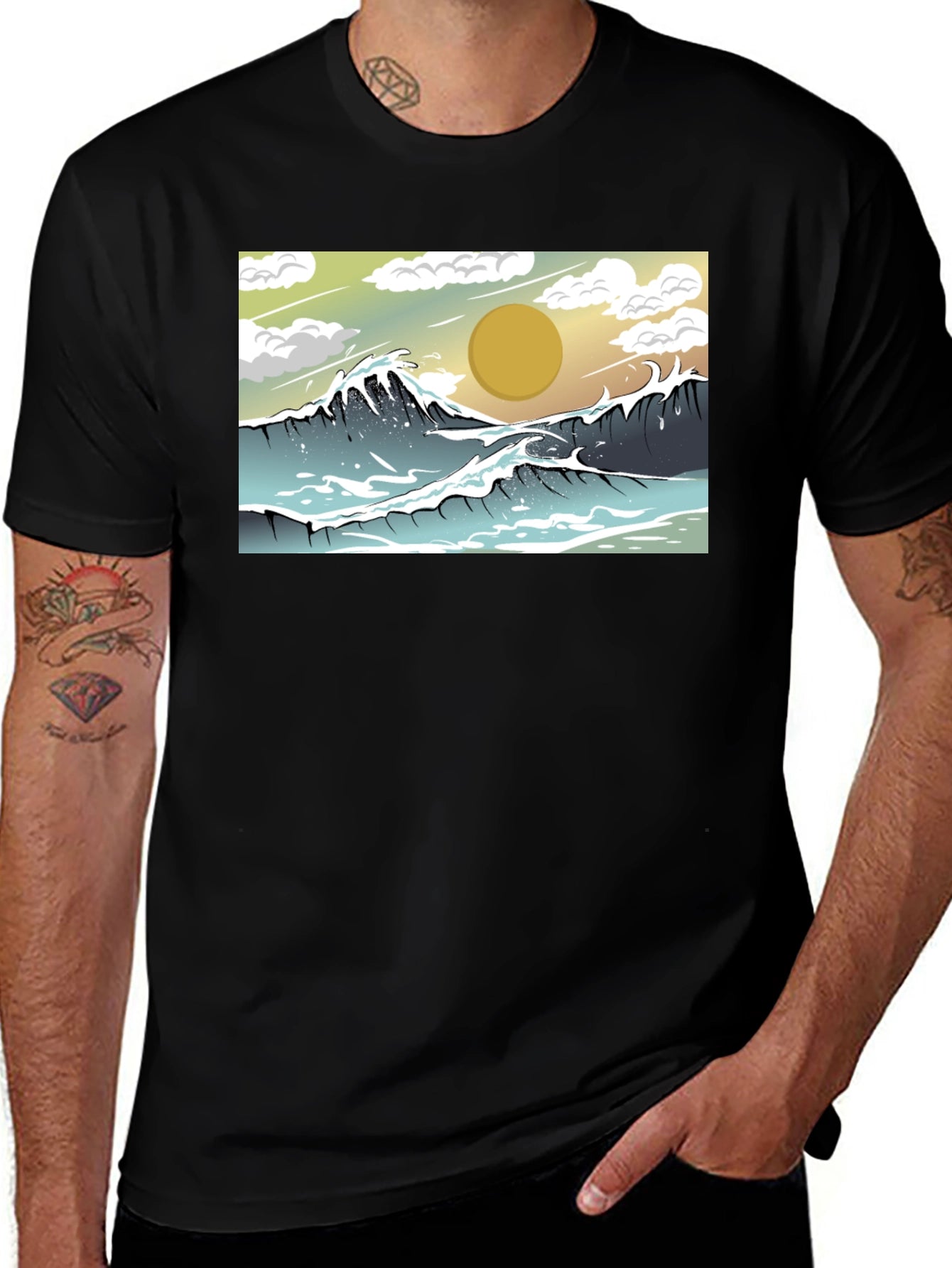 Ocean Wave Graphic Tee - Black Cotton Comfort