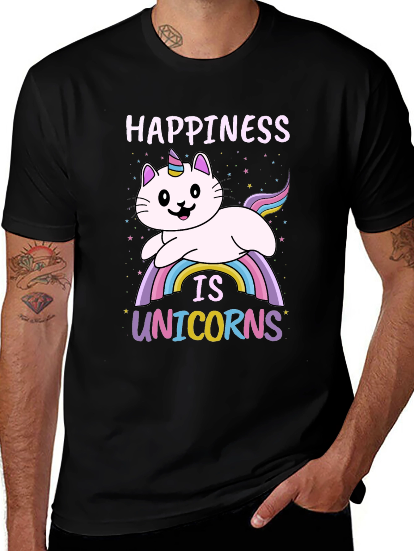 Happiness is Unicorns T-Shirt: Cat Unicorn Rainbow Tee