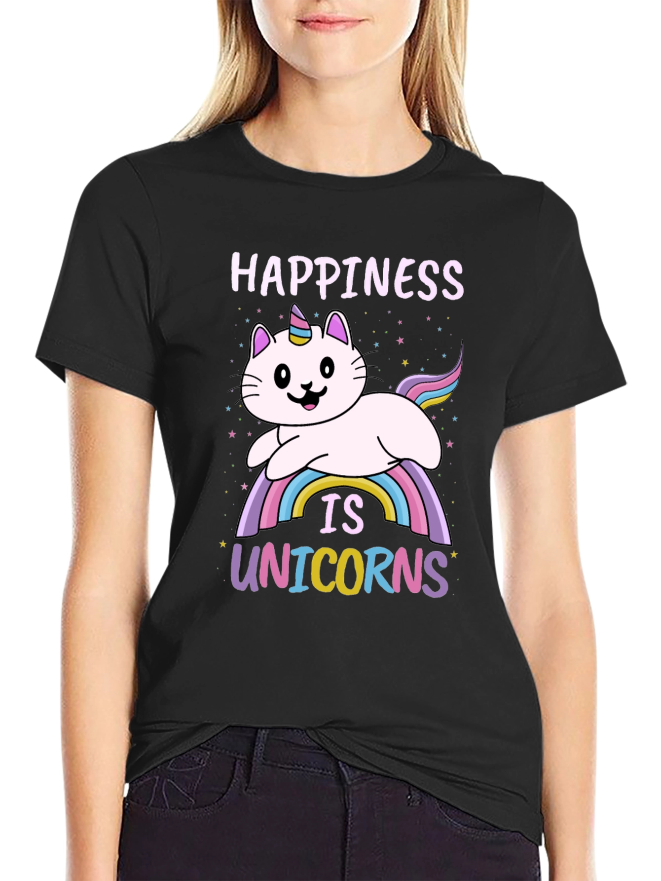 Happiness is Unicorns T-Shirt: Cat Unicorn Rainbow Tee