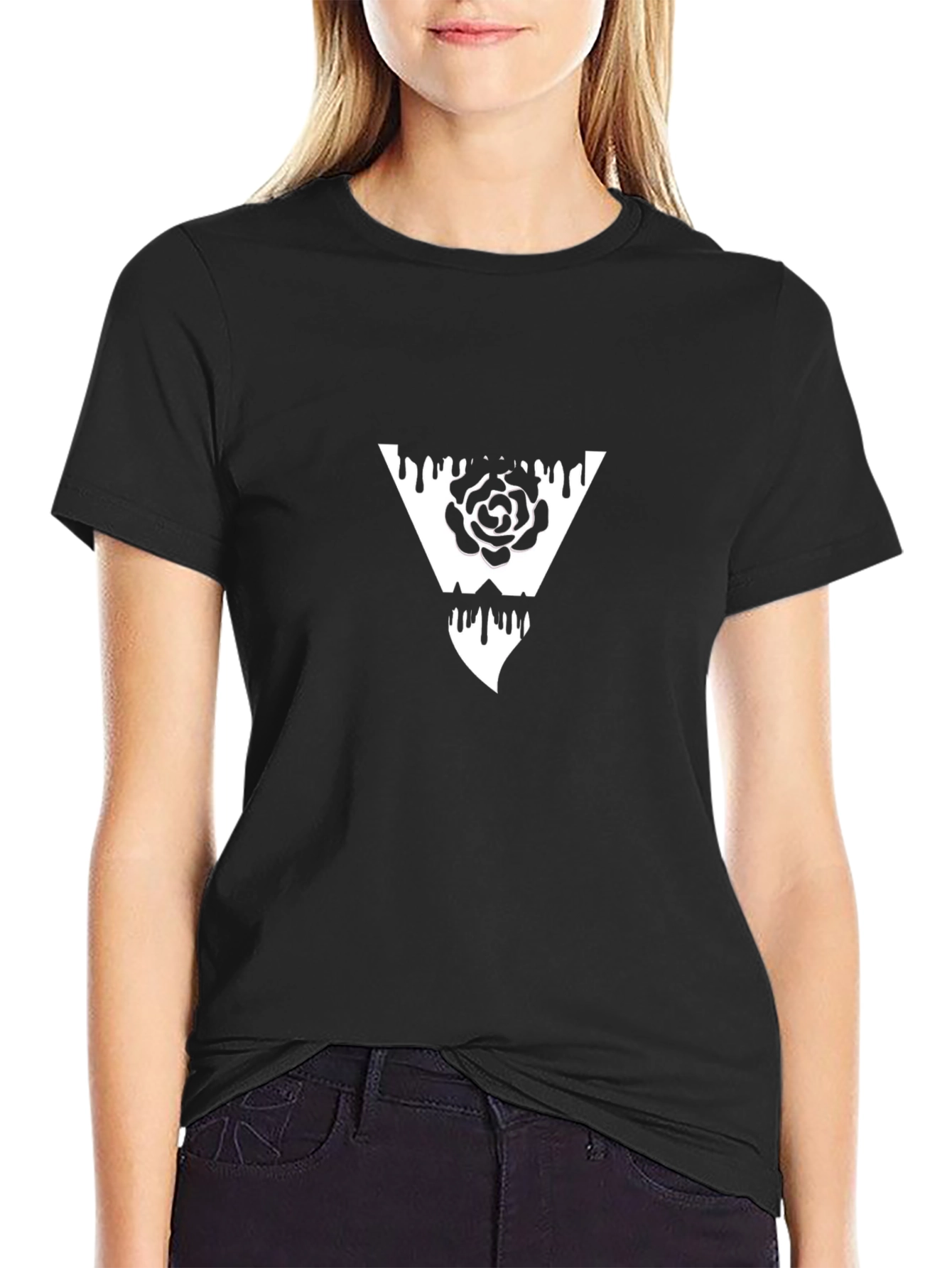 Black T-Shirt with Triangle Rose Graphic
