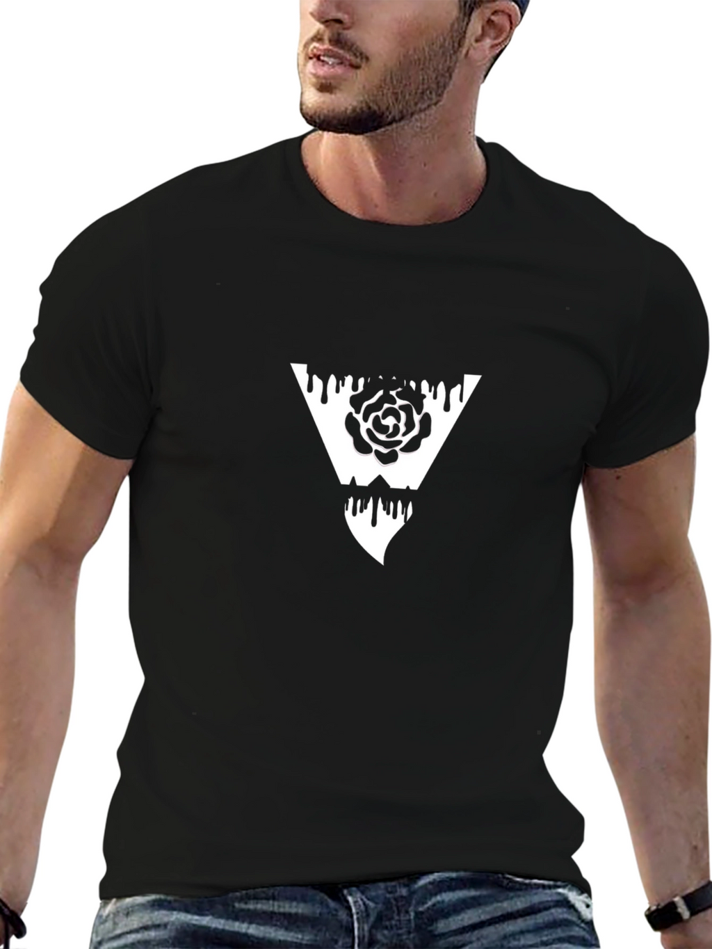 Black T-Shirt with Triangle Rose Graphic
