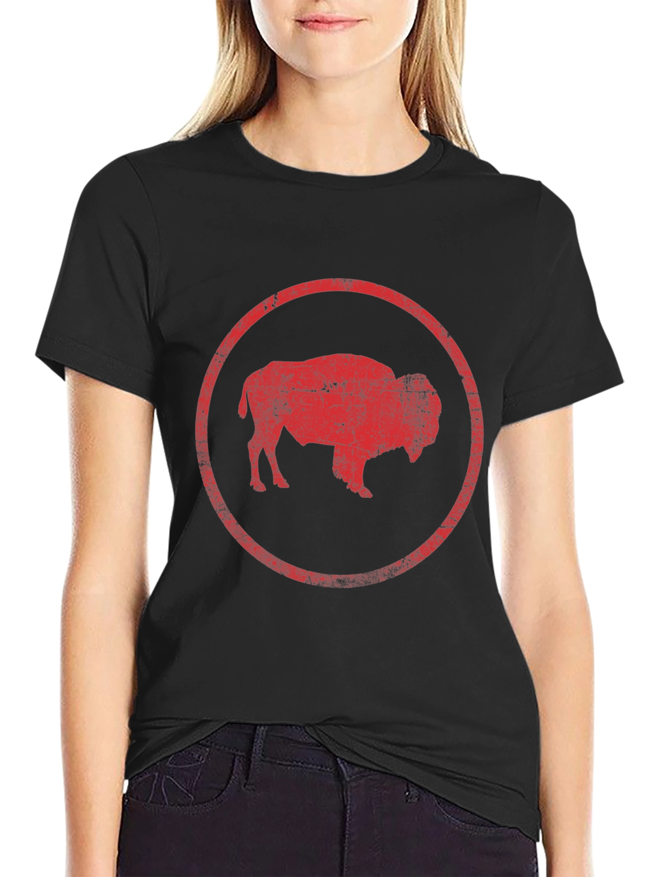 Buffalo Graphic T-Shirt - Distressed Red Print on Black