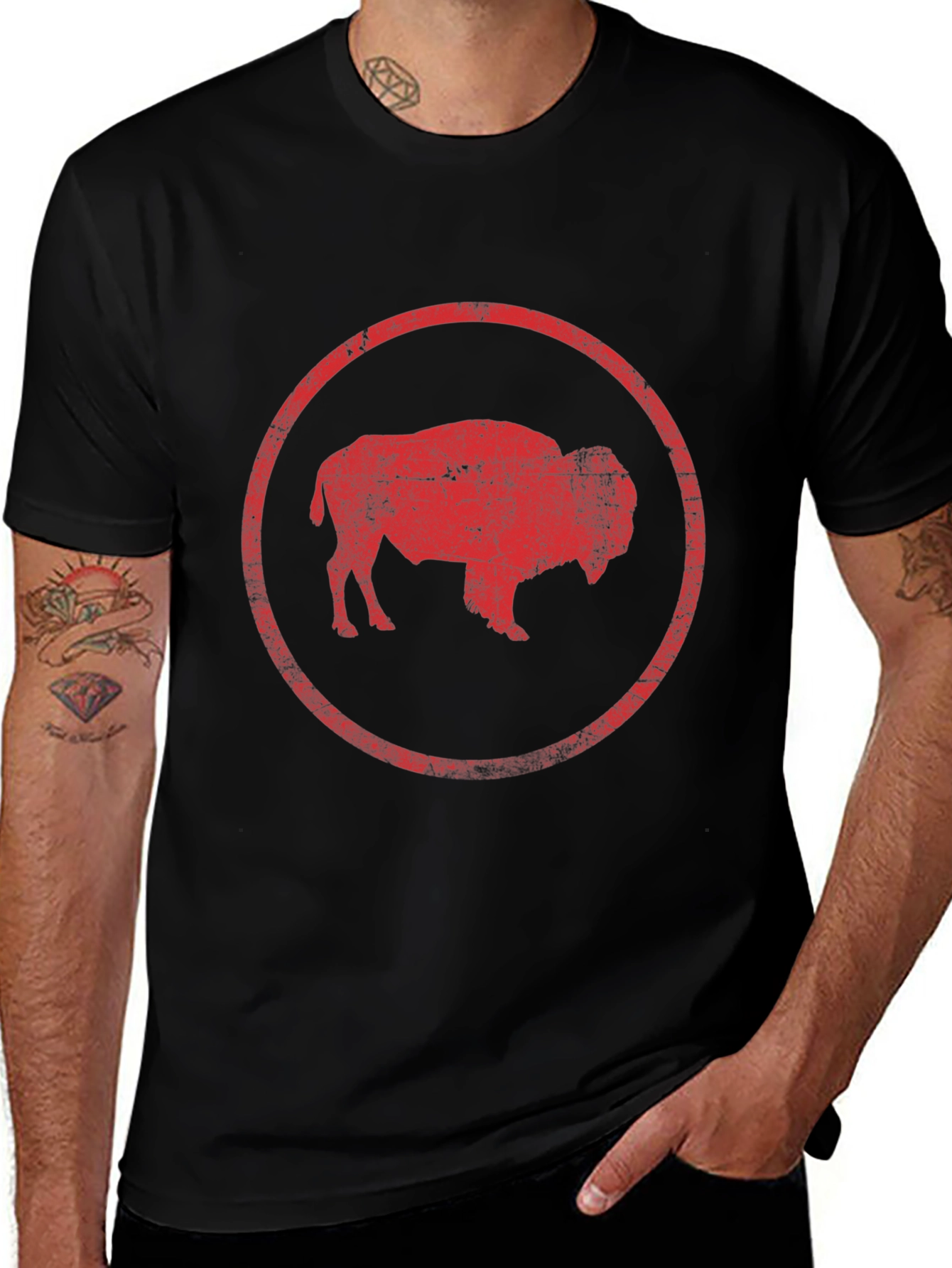 Buffalo Graphic T-Shirt - Distressed Red Print on Black