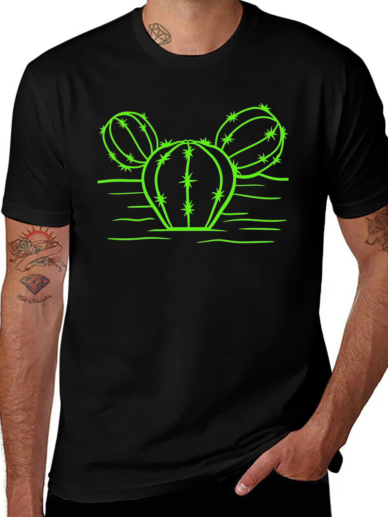 Cactus Graphic T-Shirt - Neon Green Design on Black
