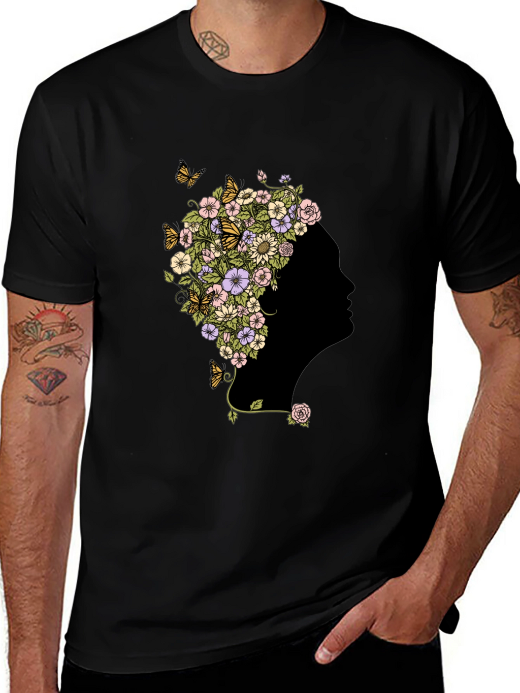 Floral Silhouette Graphic Black T-Shirt