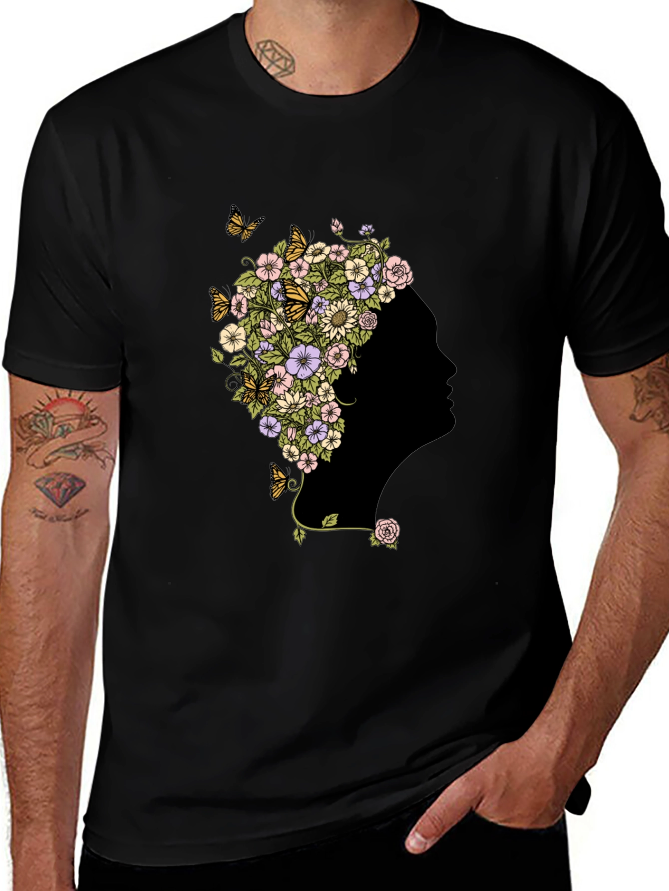 Floral Silhouette Graphic Black T-Shirt