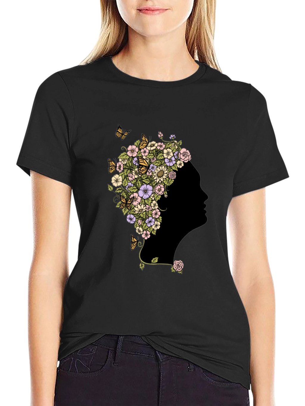 Floral Silhouette Graphic Black T-Shirt