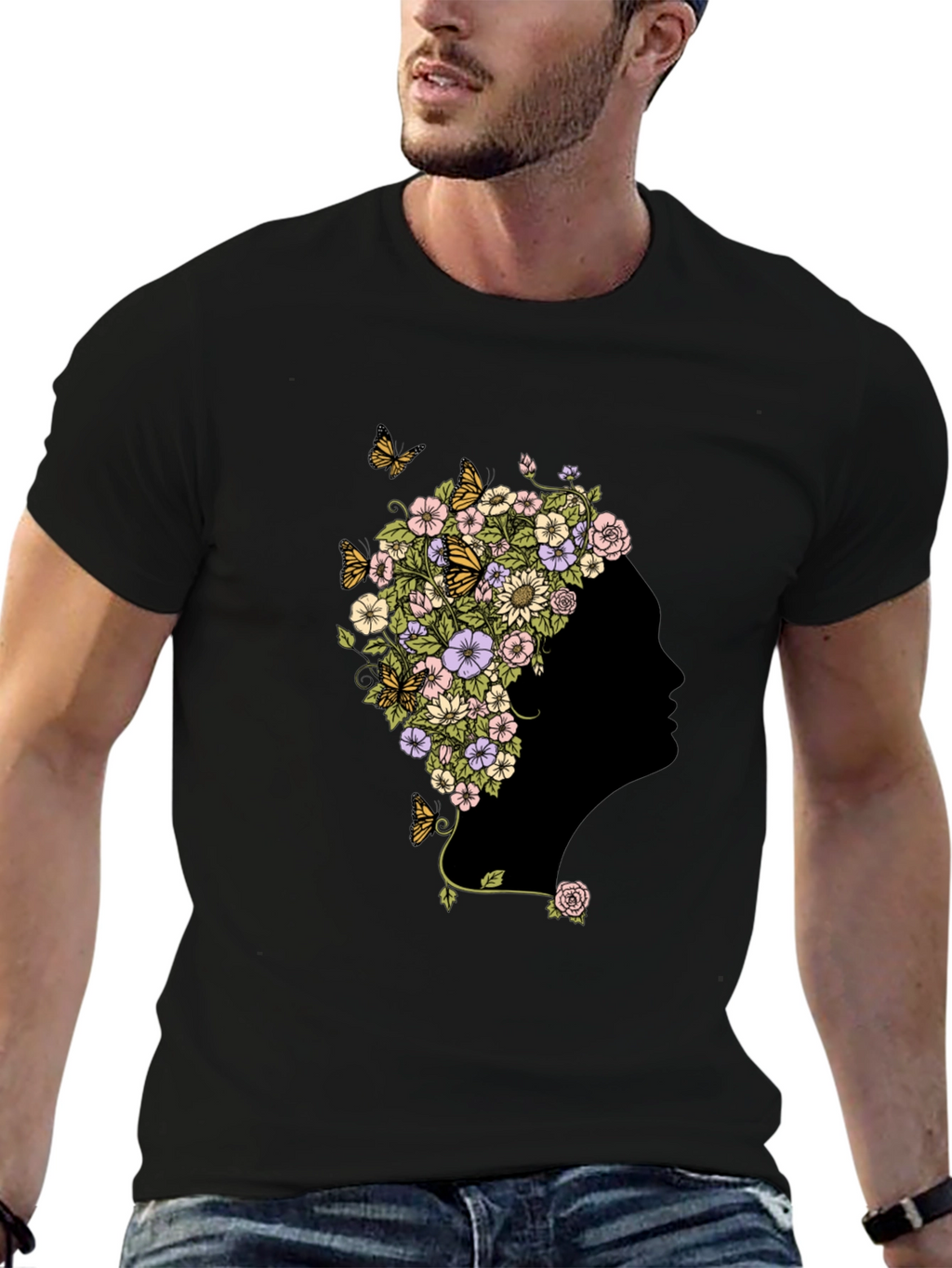 Floral Silhouette Graphic Black T-Shirt