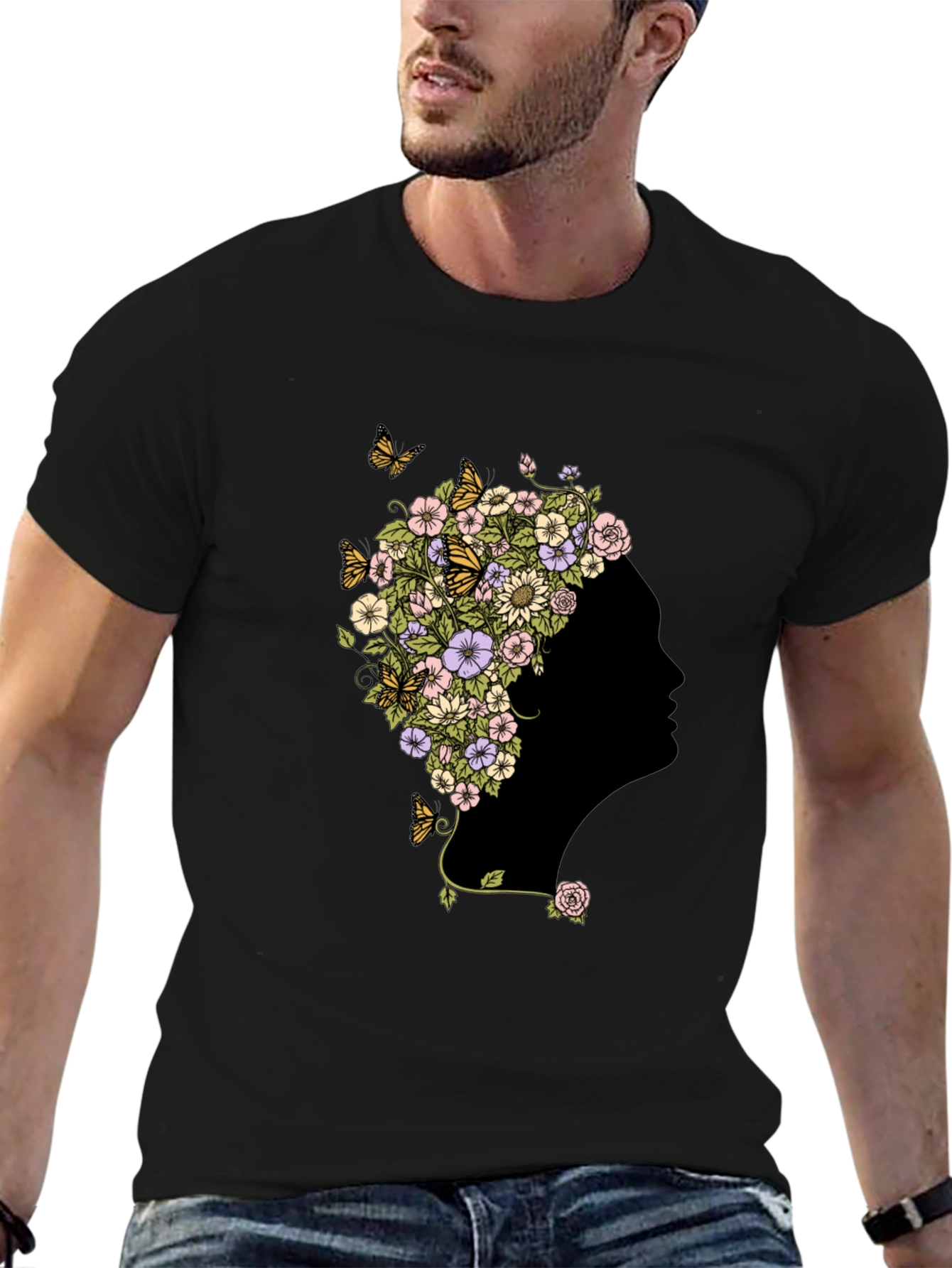Floral Silhouette Graphic Black T-Shirt