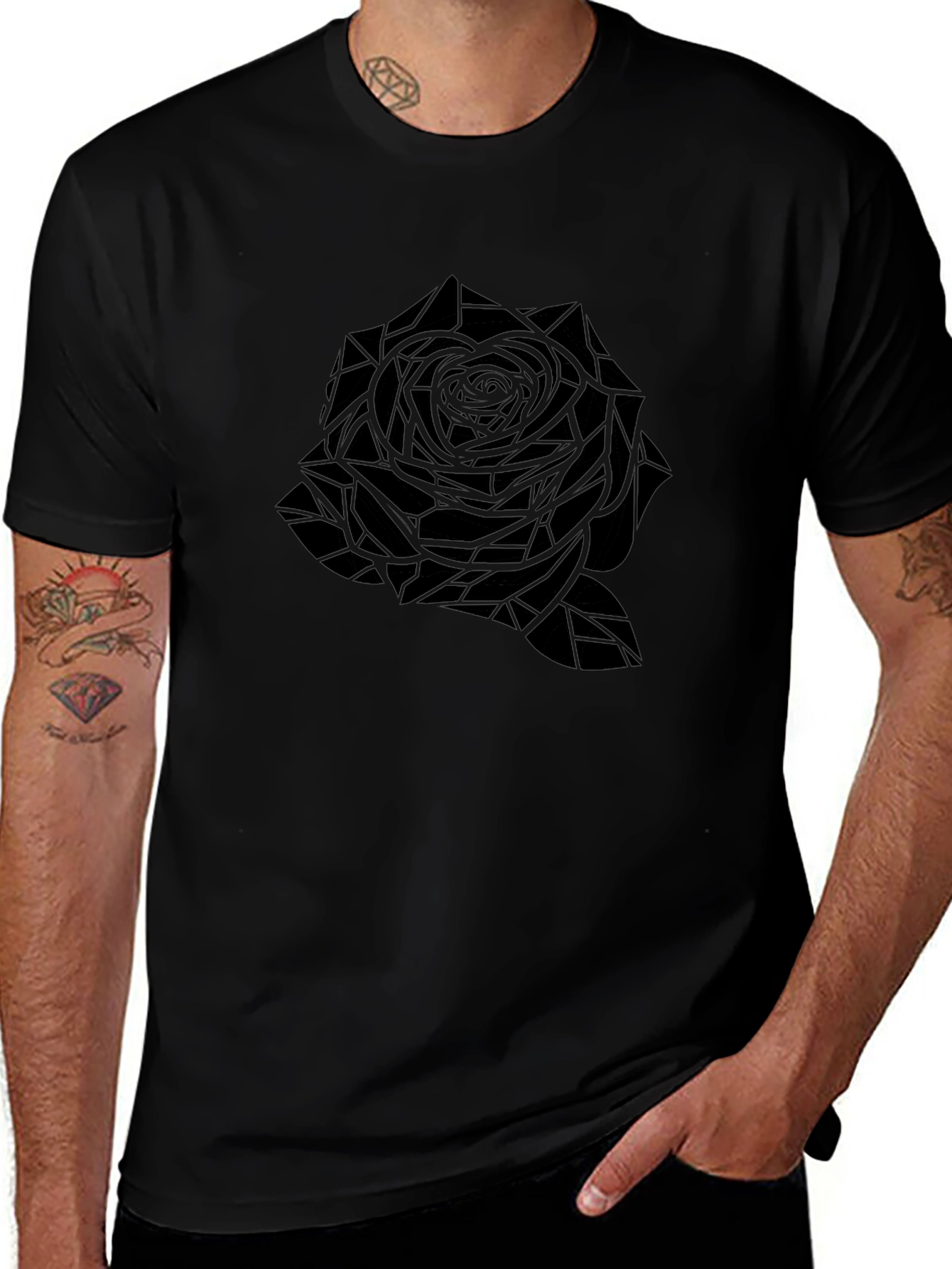 Geometric Rose Graphic T-Shirt - Black