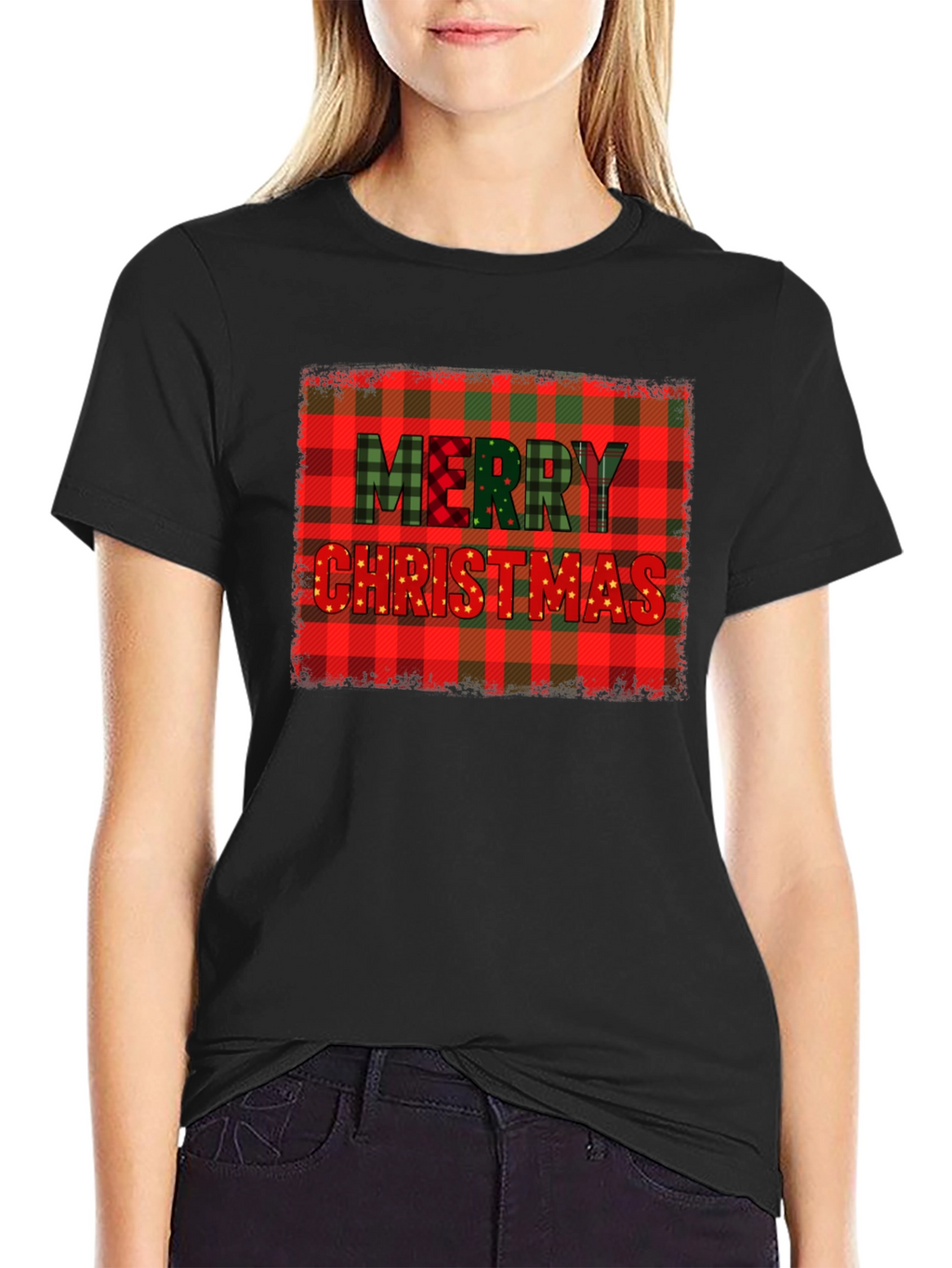 Merry Christmas Plaid Graphic T-Shirt