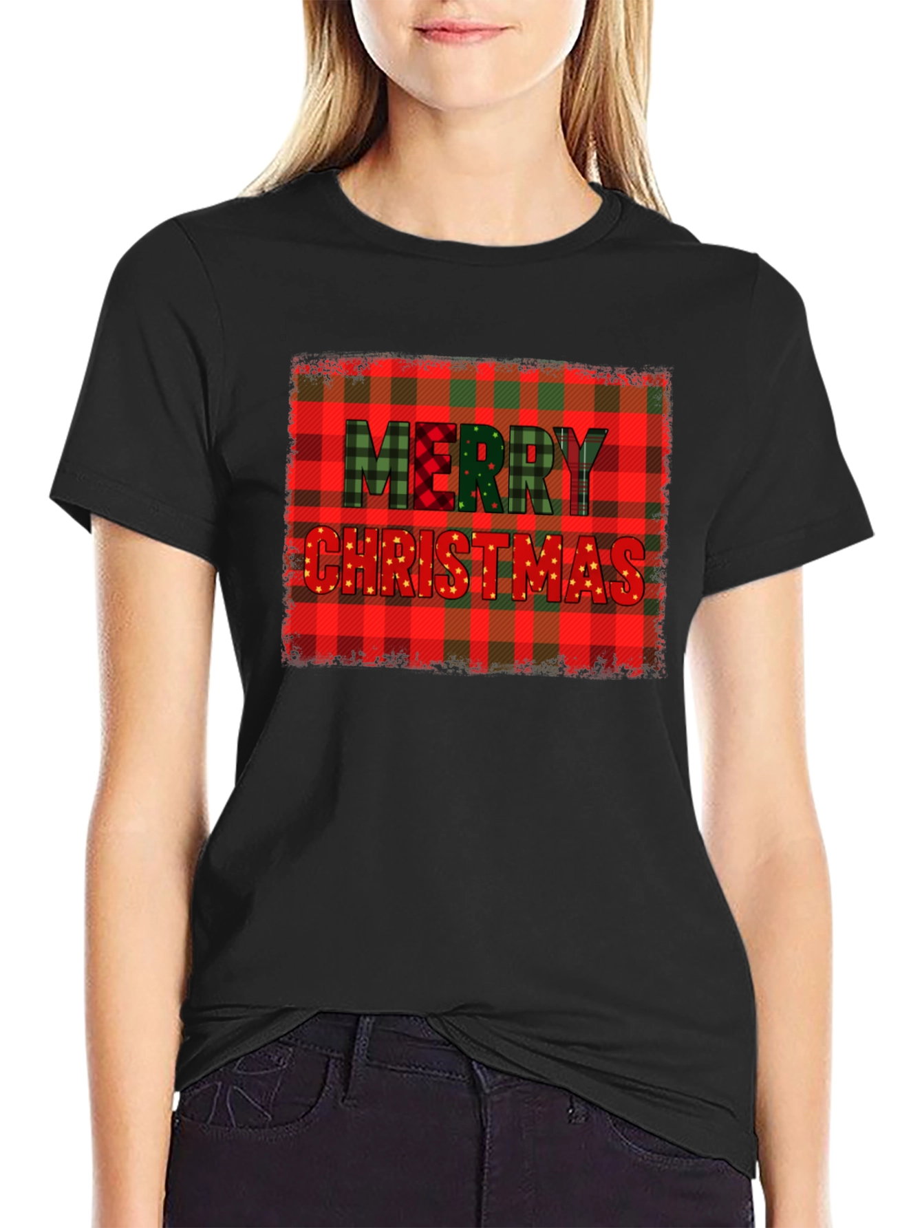 Merry Christmas Plaid Graphic T-Shirt
