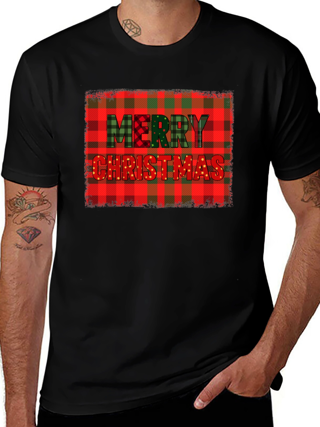 Merry Christmas Plaid Graphic T-Shirt