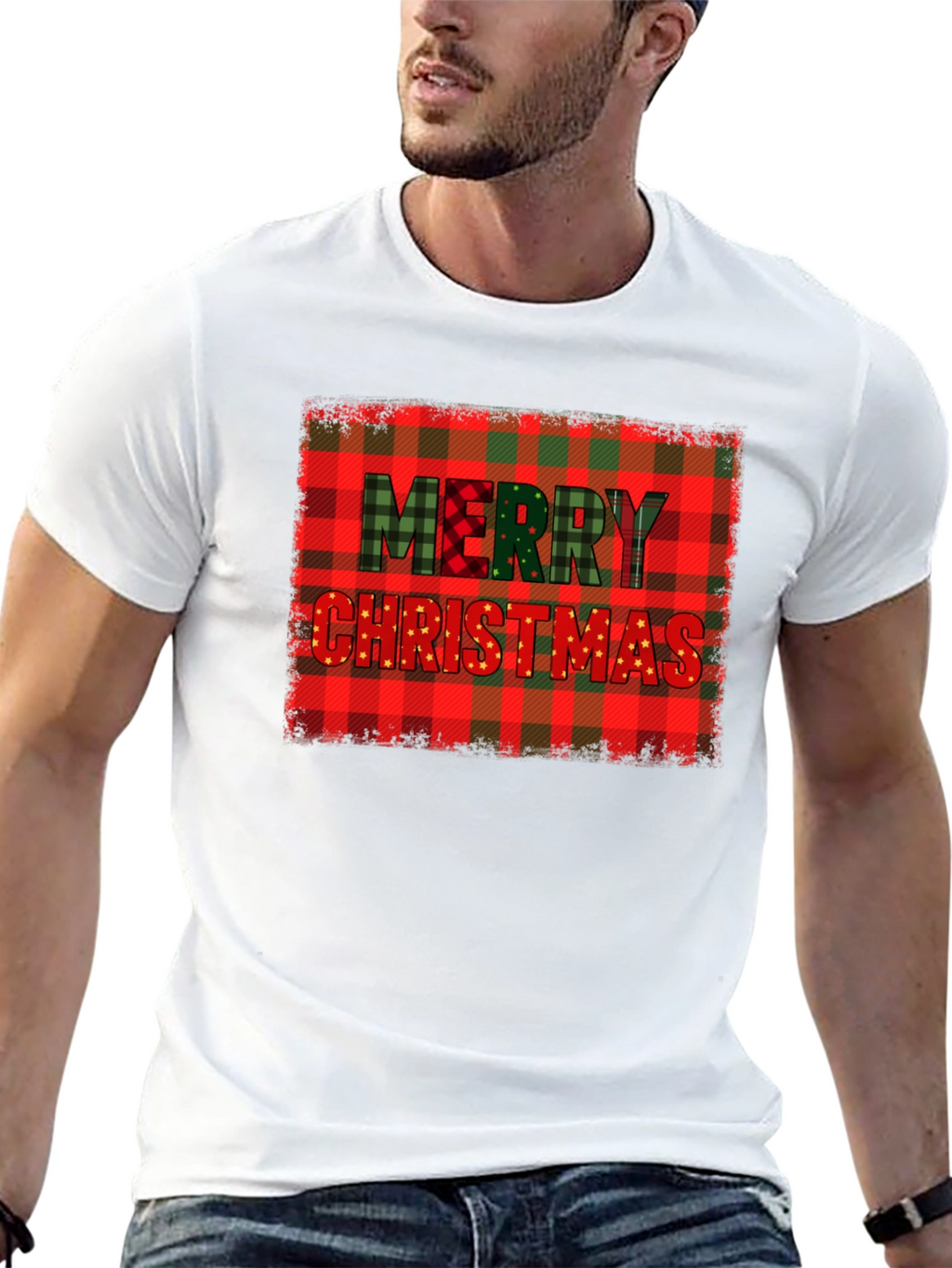 Merry Christmas Plaid Graphic T-Shirt