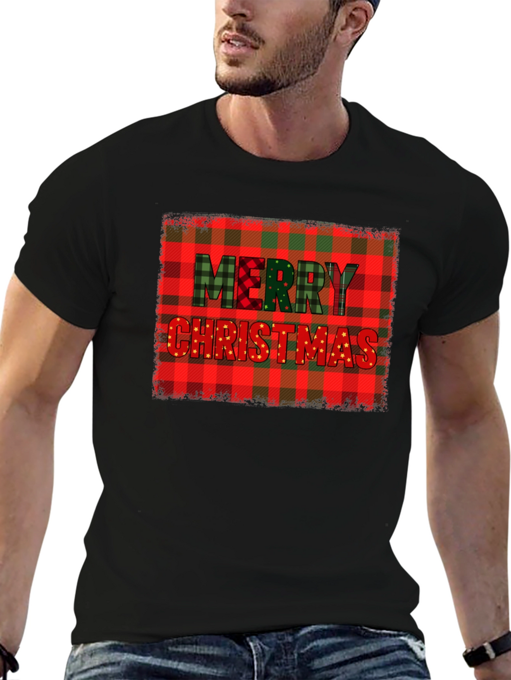 Merry Christmas Plaid Graphic T-Shirt