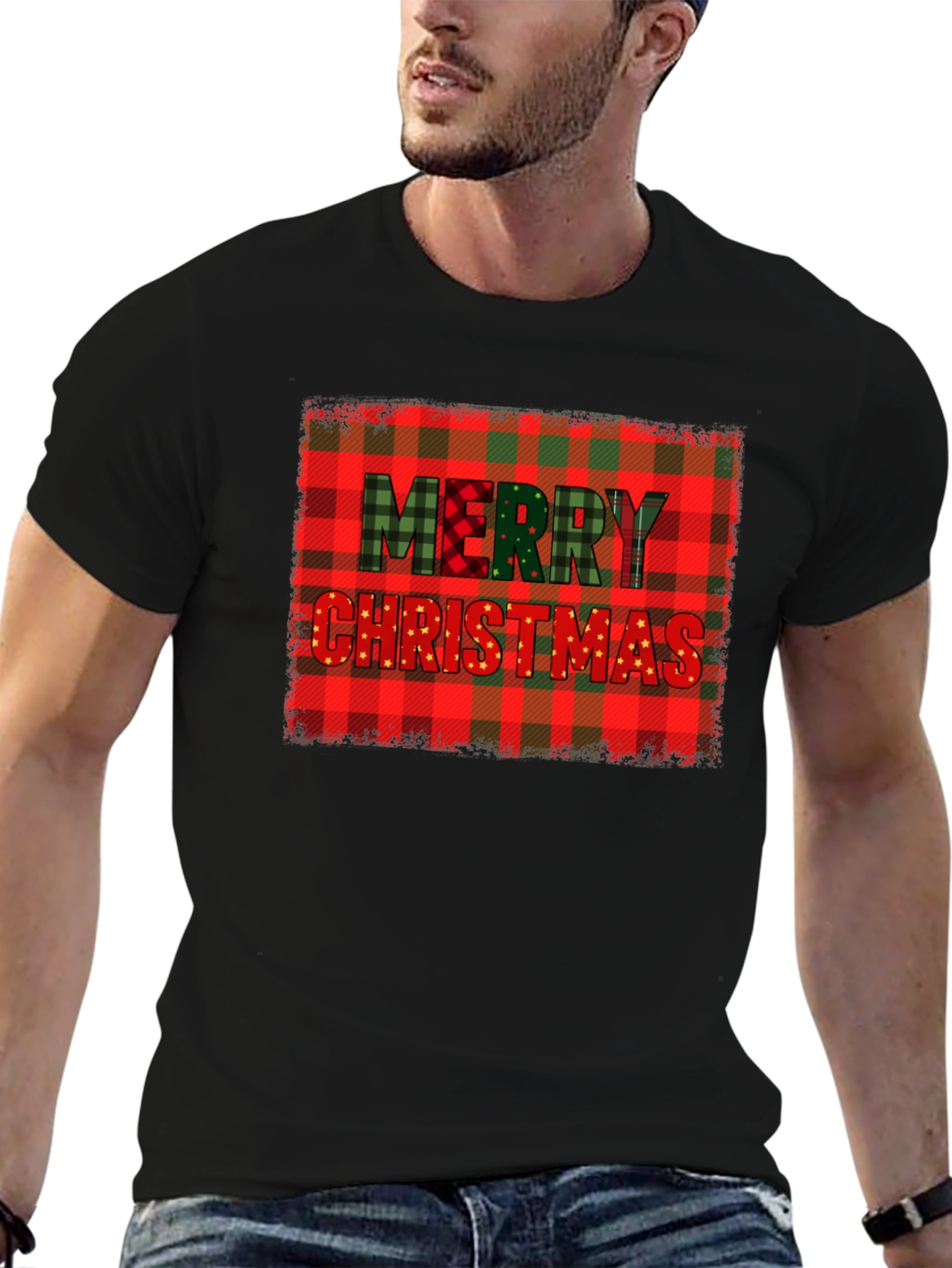 Merry Christmas Plaid Graphic T-Shirt