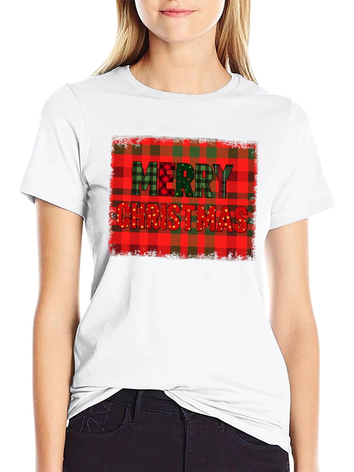 Merry Christmas Plaid Graphic T-Shirt