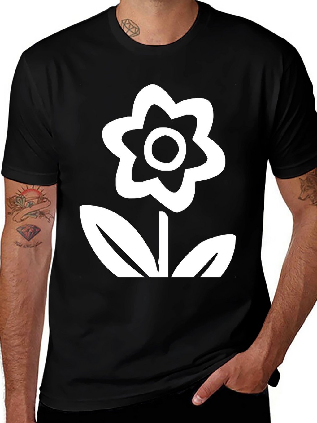 Black T-Shirt with White Flower Graphic