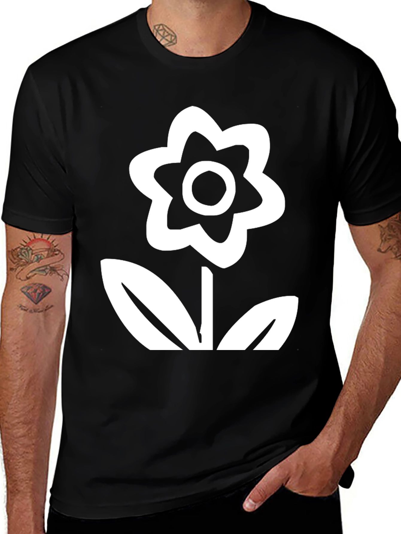 Black T-Shirt with White Flower Graphic