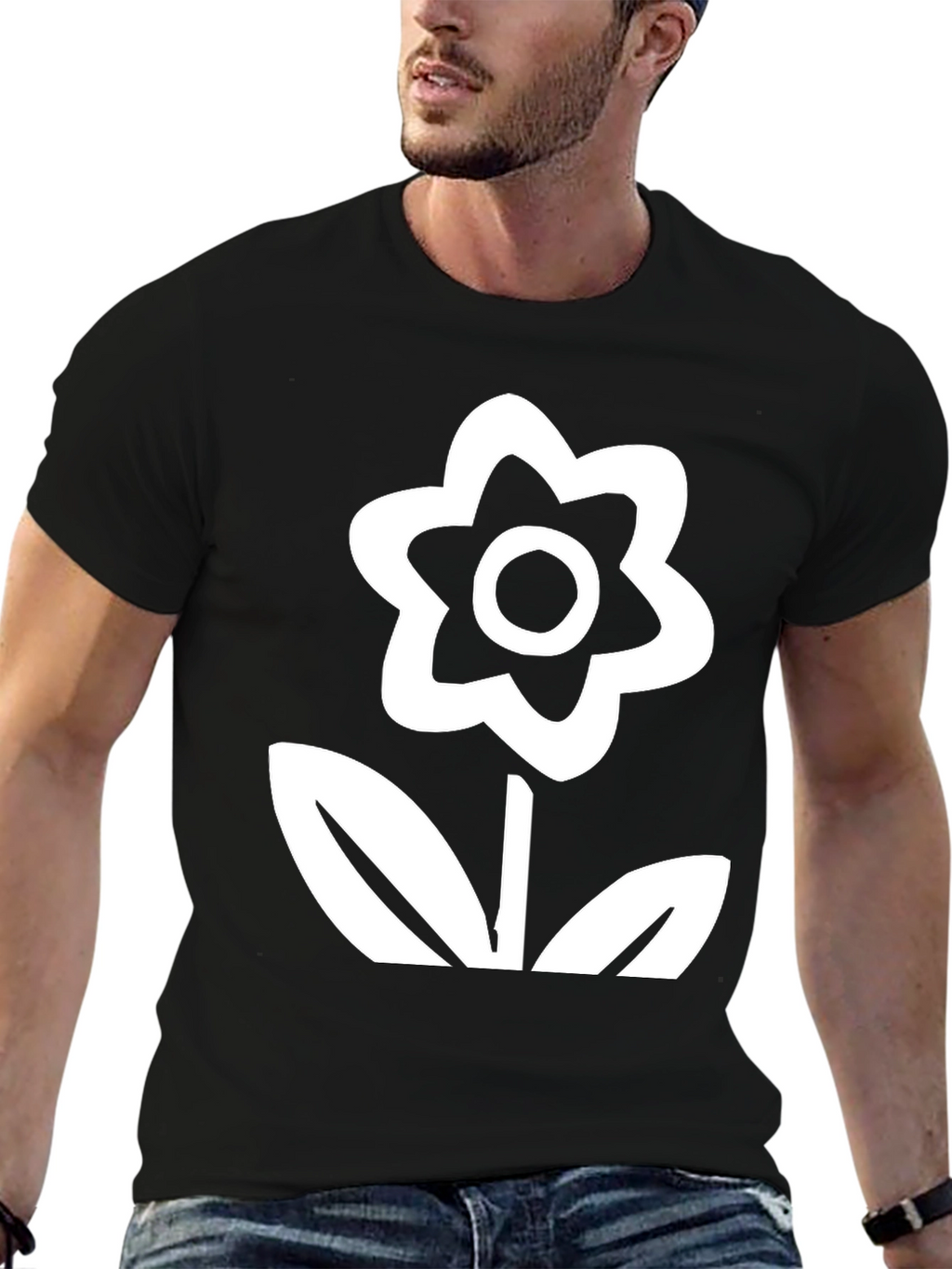 Black T-Shirt with White Flower Graphic