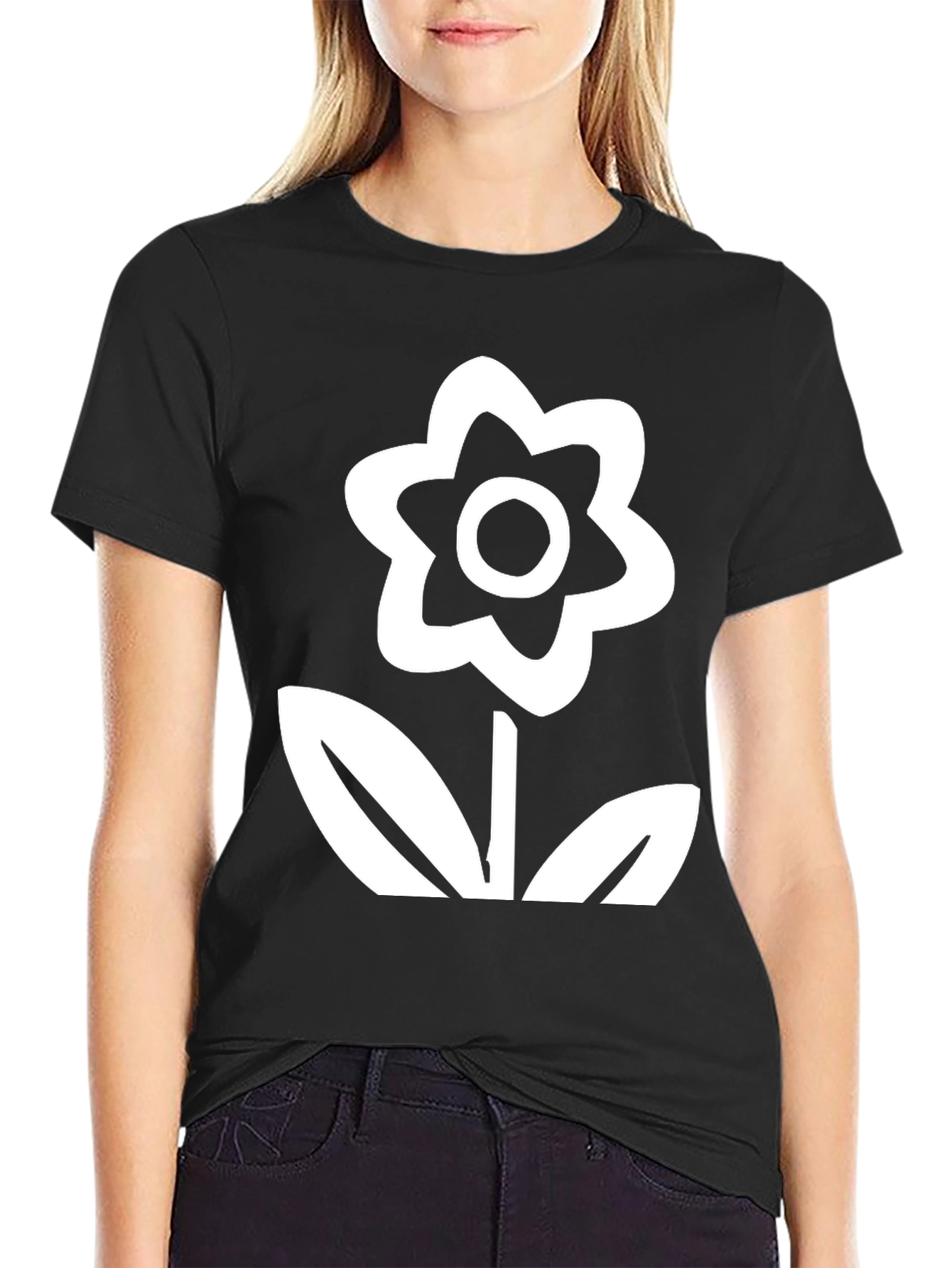 Black T-Shirt with White Flower Graphic