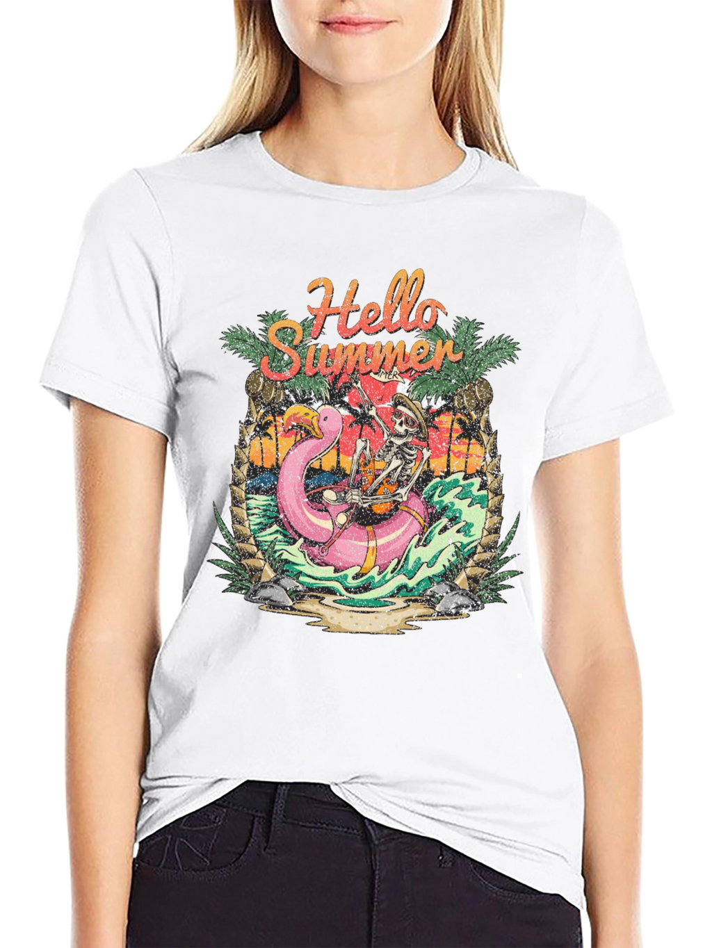 Hello Summer Skeleton Flamingo Graphic Tee