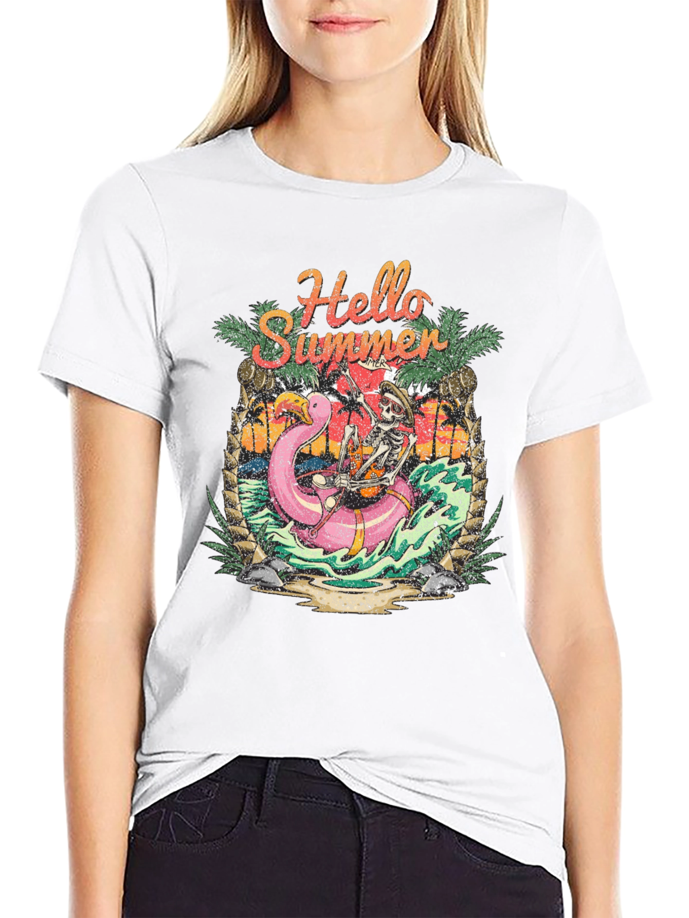 Hello Summer Skeleton Flamingo Graphic Tee