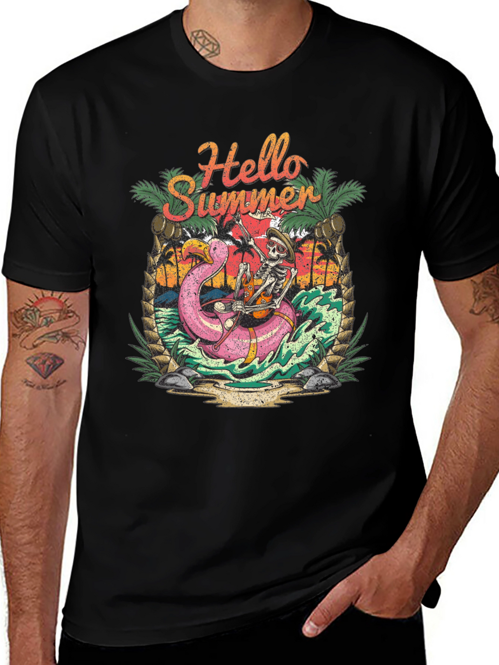 Hello Summer Skeleton Flamingo Graphic Tee