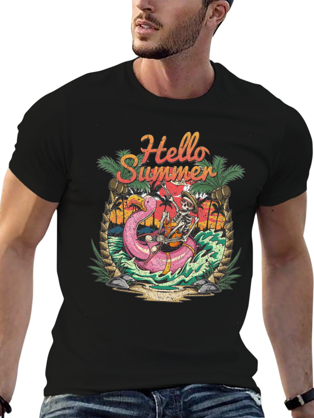 Hello Summer Skeleton Flamingo Graphic Tee