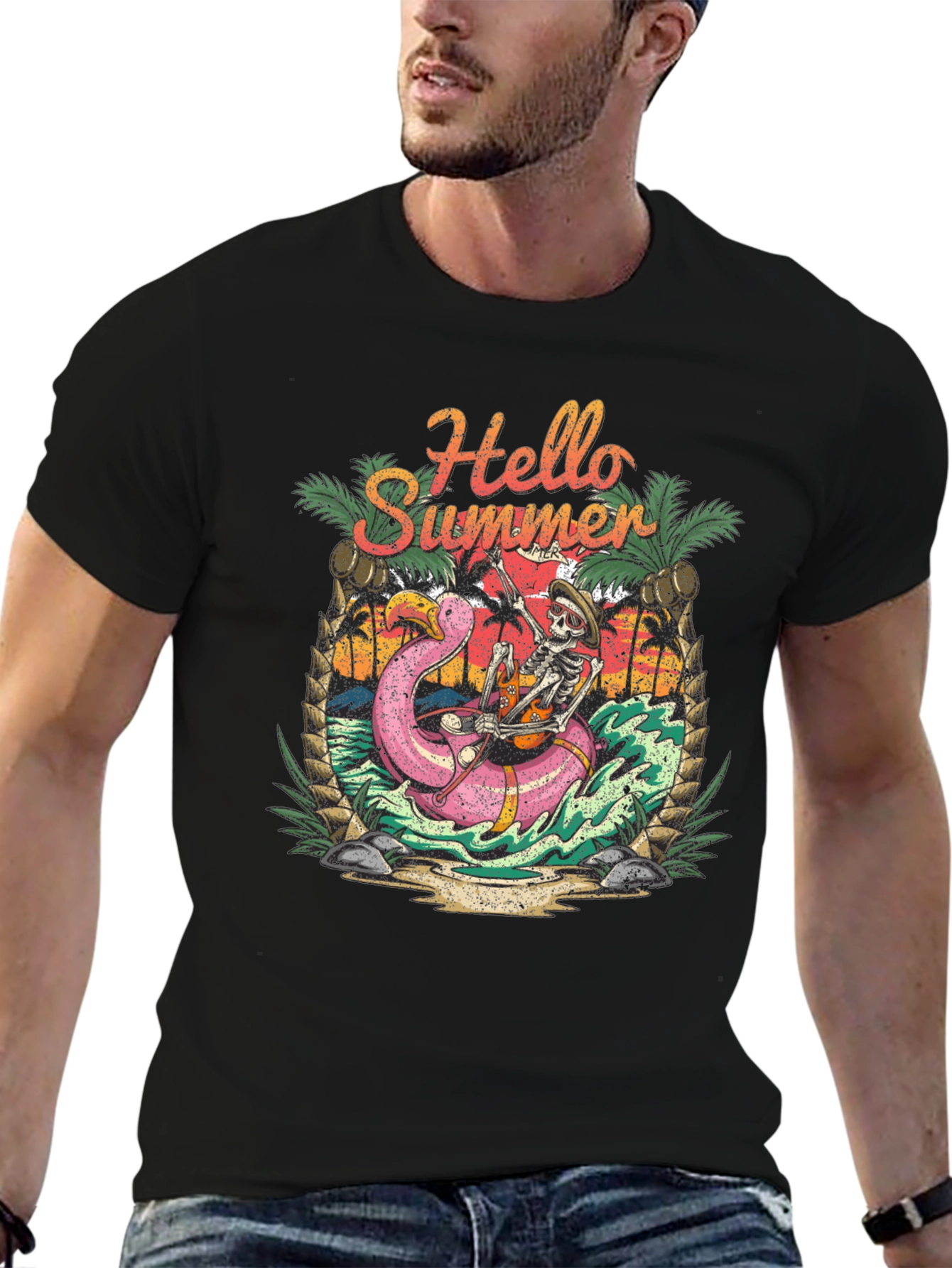 Hello Summer Skeleton Flamingo Graphic Tee