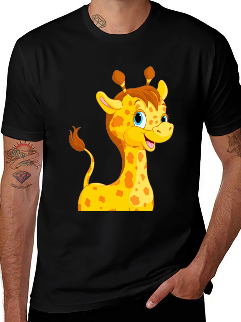 Cute Giraffe Cartoon Black T-Shirt