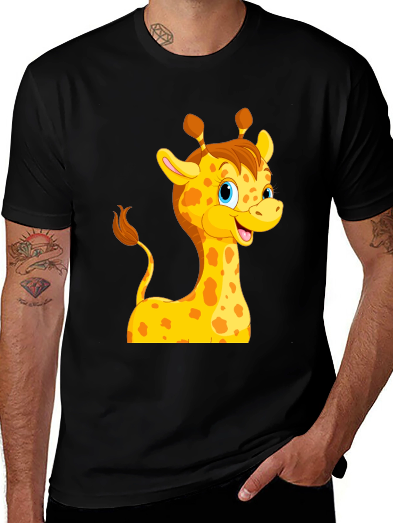 Cute Giraffe Cartoon Black T-Shirt