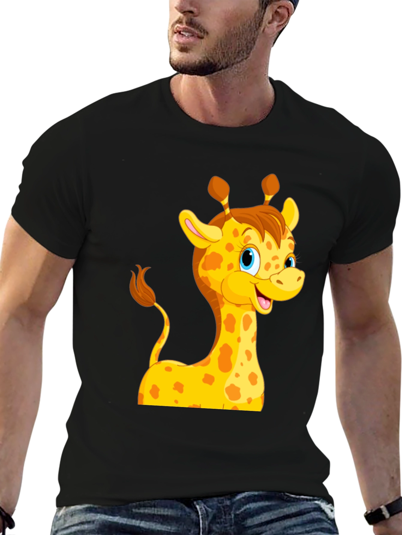 Cute Giraffe Cartoon Black T-Shirt