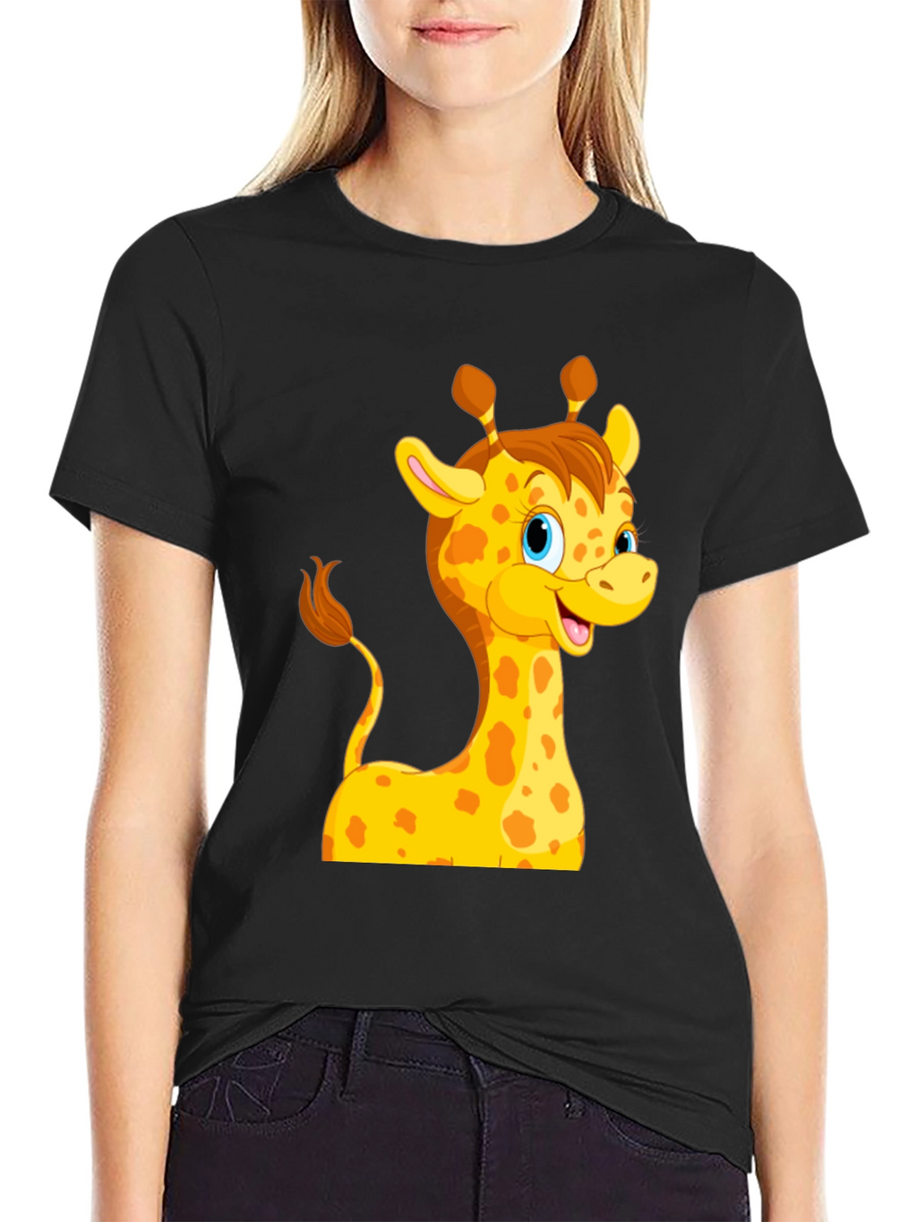 Cute Giraffe Cartoon Black T-Shirt